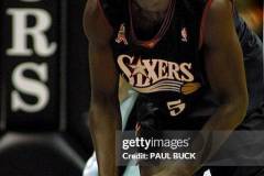 SAN ANTONIO, UNITED STATES:  Jerome Moiso of the Philadelphia 76ers grabs a rebound against the San Antonio Spurs during second half action at The Alamodome in San Antonio, TX, 16 October, 2001. AFP PHOTO  Paul BUCK (Photo credit should read PAUL BUCK/AFP via Getty Images)