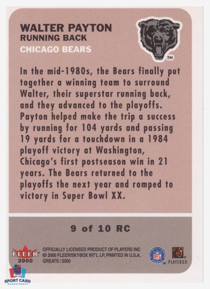 2000 Fleer Greats Walter Payton #9 RC – Image 2