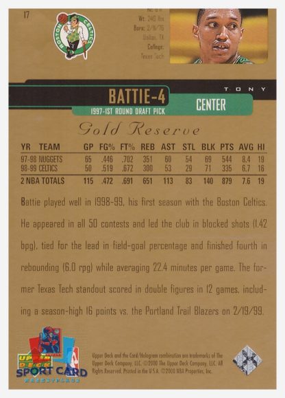 2000 Upper Deck Gold Reserve Tony Battie #17 – Image 2