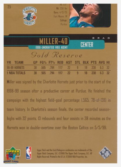 2000 Upper Deck Gold Reserve Brad Miller #25 – Image 2
