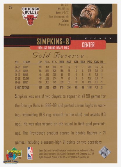 2000 Upper Deck Gold Reserve Dickey Simpkins #28 – Image 2