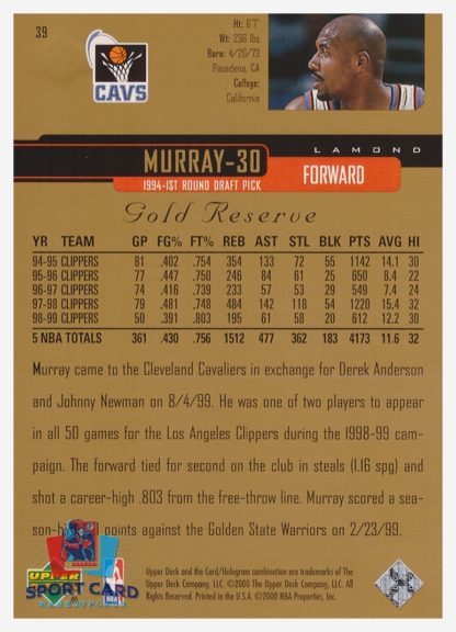 2000 Upper Deck Gold Reserve Lamond Murray #39 – Image 2