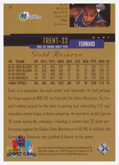2000 Upper Deck Gold Reserve Gary Trent #49 – Image 2