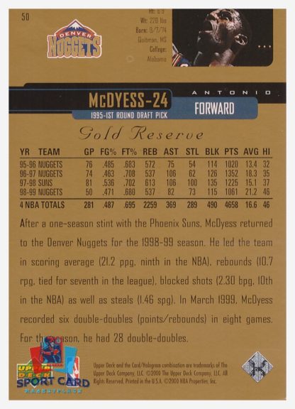 2000 Upper Deck Gold Reserve Antonio McDyess #50 – Image 2