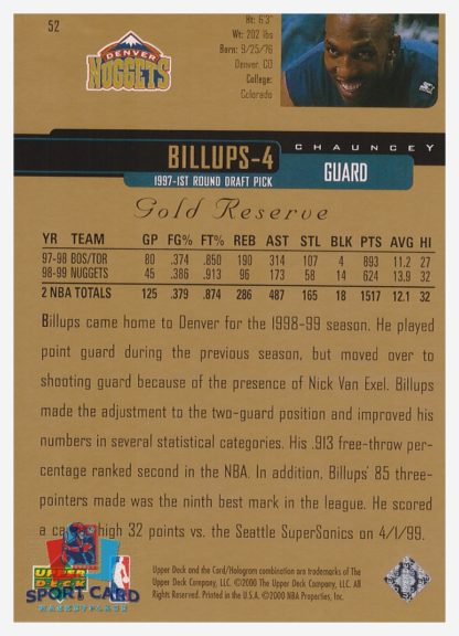 2000 Upper Deck Gold Reserve Chauncey Billups #52 – Image 2