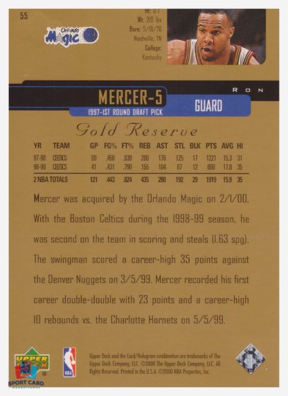 2000 Upper Deck Gold Reserve Ron Mercer #55 – Image 2