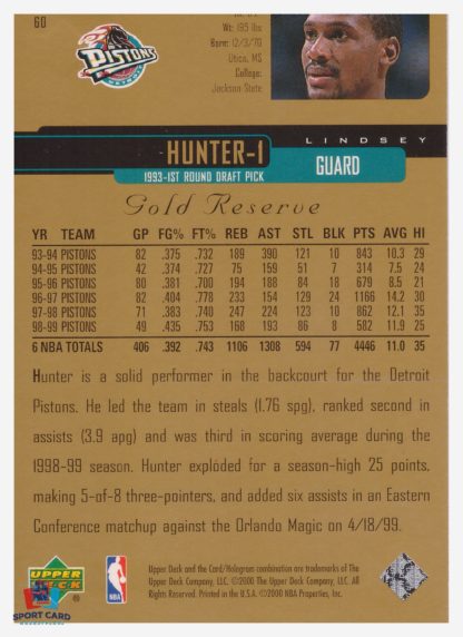 2000 Upper Deck Gold Reserve Lindsey Hunter #60 – Image 2