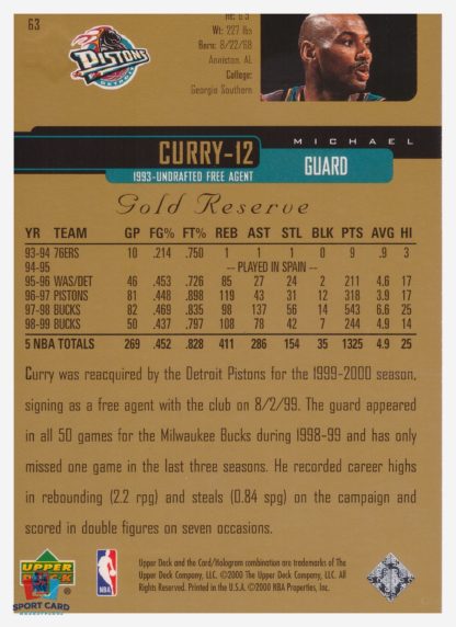 2000 Upper Deck Gold Reserve Michael Curry #63 – Image 2