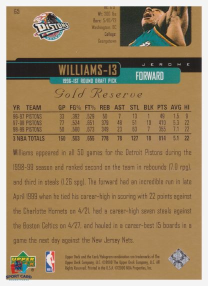 2000 Upper Deck Gold Reserve Jerome Williams #65 – Image 2