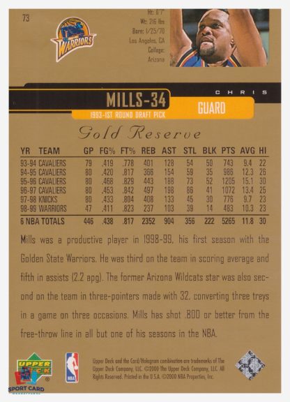 2000 Upper Deck Gold Reserve Chris Mills #73 – Image 2