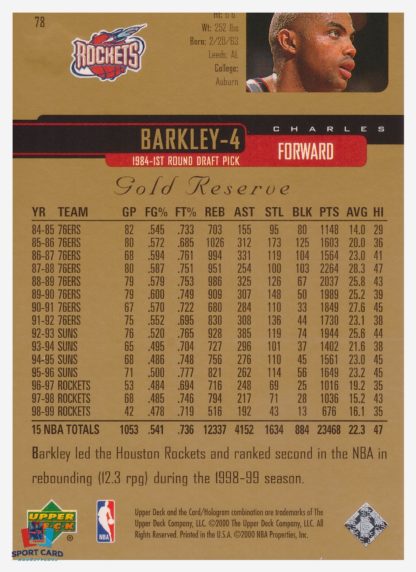 2000 Upper Deck Gold Reserve Charles Barkley #78 – Image 2