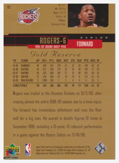 2000 Upper Deck Gold Reserve Carlos Rogers #83 – Image 2