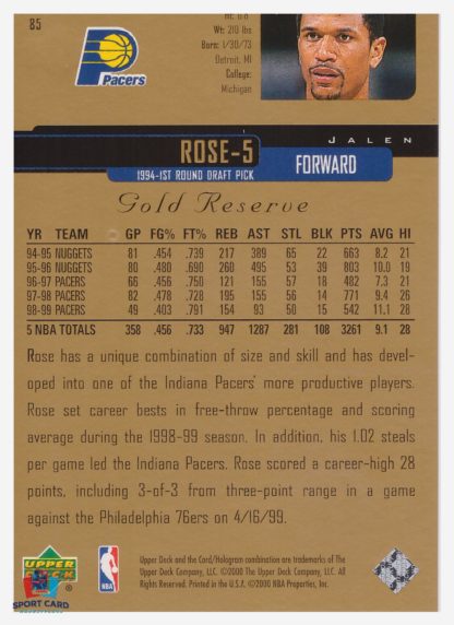 2000 Upper Deck Gold Reserve Jalen Rose #85 – Image 2