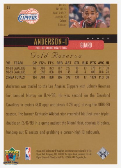 2000 Upper Deck Gold Reserve Derek Anderson #98 – Image 2