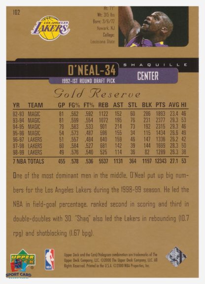 2000 Upper Deck Gold Reserve Shaquille O'Neal #102 – Image 2