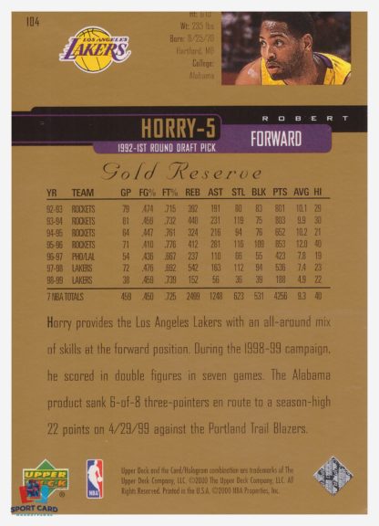 2000 Upper Deck Gold Reserve Robert Horry #104 – Image 2