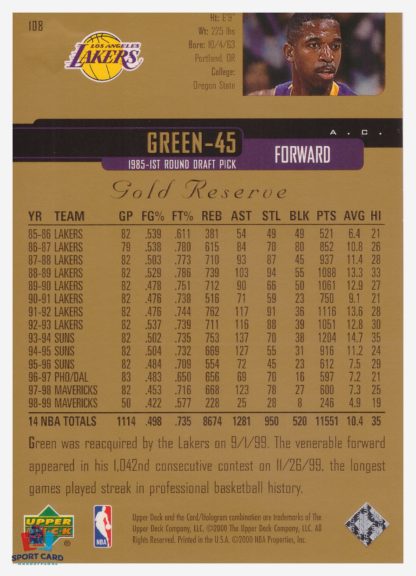 2000 Upper Deck Gold Reserve A G Green #108 – Image 2