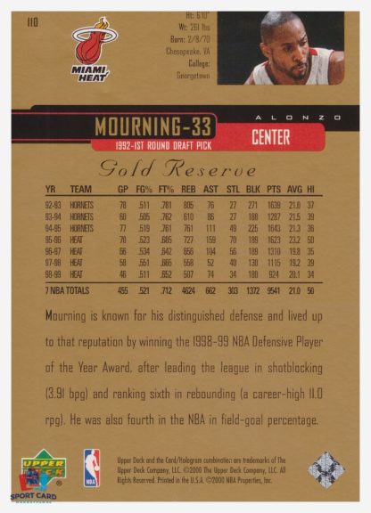 2000 Upper Deck Gold Reserve Alonzo Mourning #110 – Image 2