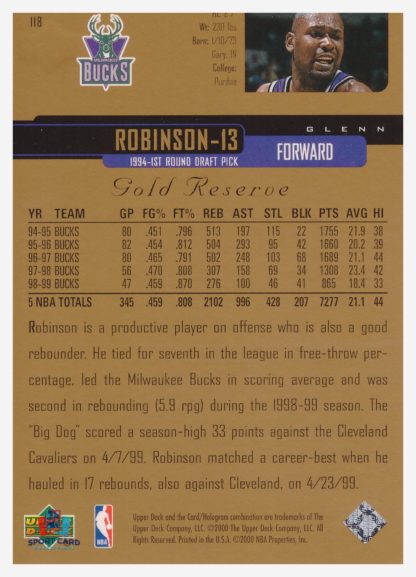 2000 Upper Deck Gold Reserve Glenn Robinson #118 – Image 2