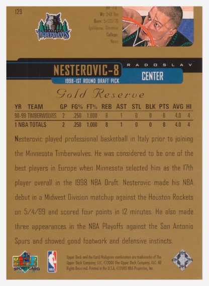 2000 Upper Deck Gold Reserve Radoslav Nesterovic #129 – Image 2