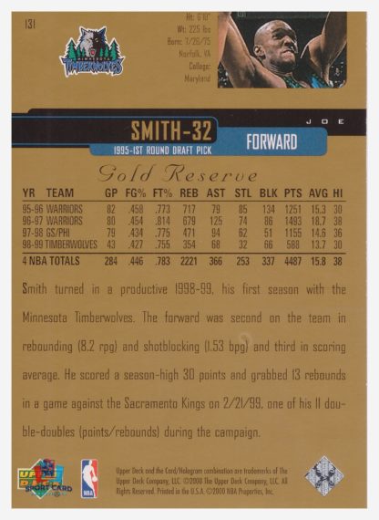 2000 Upper Deck Gold Reserve Joe Smith #131 – Image 2
