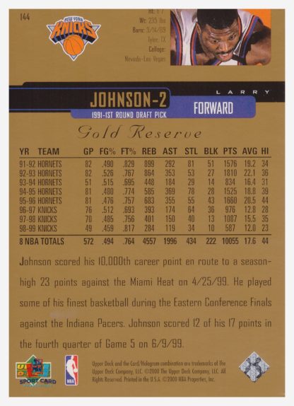 2000 Upper Deck Gold Reserve Larry Johnson #144 – Image 2