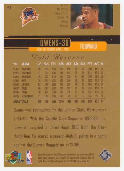 2000 Upper Deck Gold Reserve Billy Owens #163 – Image 2