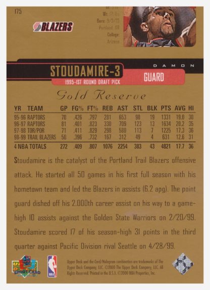 2000 Upper Deck Gold Reserve Damon Stoudamire #175 – Image 2