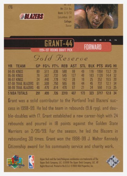 2000 Upper Deck Gold Reserve Brian Grant #176 – Image 2