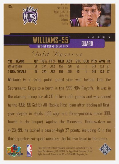 2000 Upper Deck Gold Reserve Jason Williams #182 – Image 2