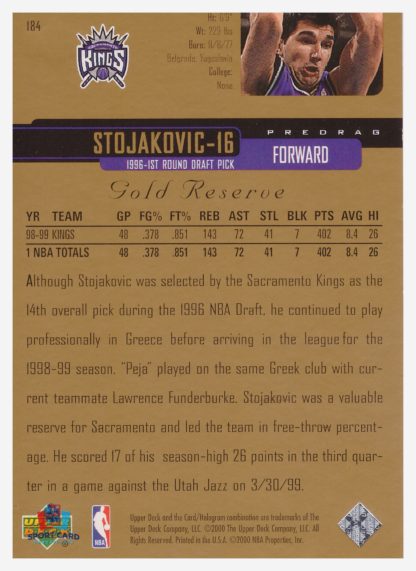 2000 Upper Deck Gold Reserve Predrag Stojakovic #184 – Image 2