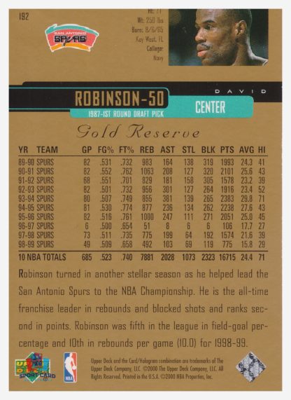 2000 Upper Deck Gold Reserve David Robinson #192 – Image 2