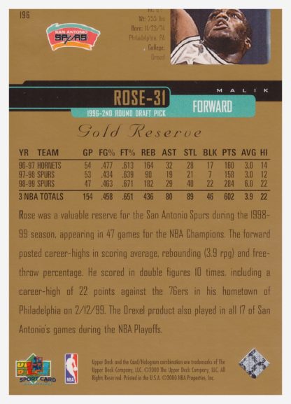 2000 Upper Deck Gold Reserve Malik Rose #196 – Image 2