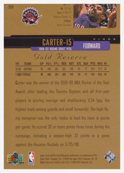 2000 Upper Deck Gold Reserve Vince Carter #206 – Image 2