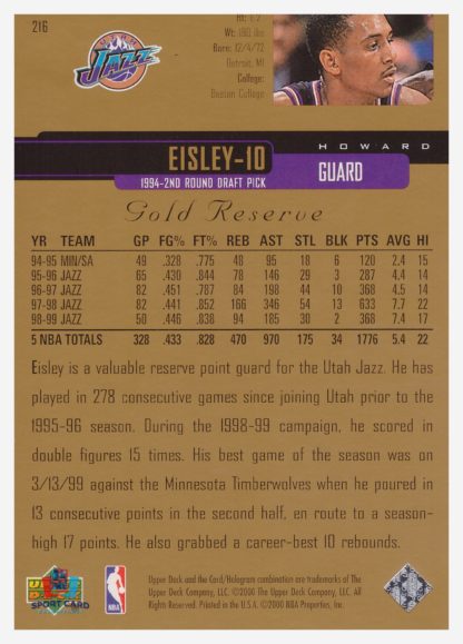 2000 Upper Deck Gold Reserve Howard Eisley #216 – Image 2