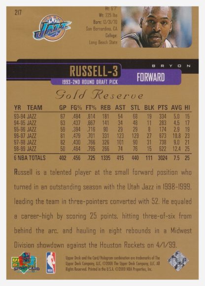 2000 Upper Deck Gold Reserve Bryon Russell #217 – Image 2