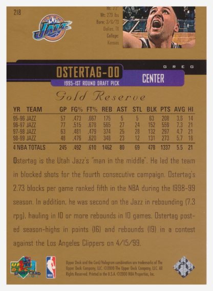 2000 Upper Deck Gold Reserve Greg Ostertag #218 – Image 2
