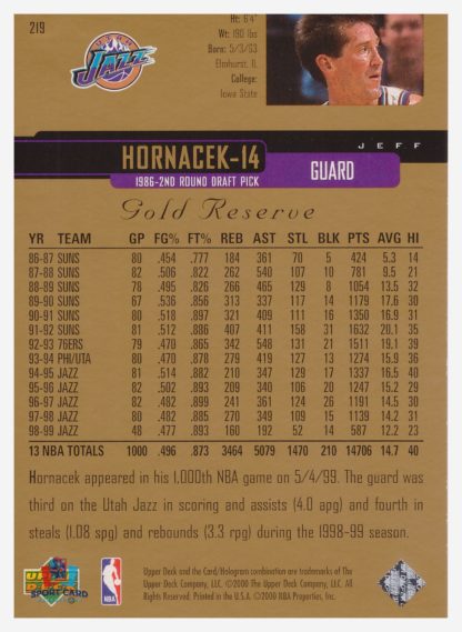 2000 Upper Deck Gold Reserve Jeff Hornacek #219 – Image 2