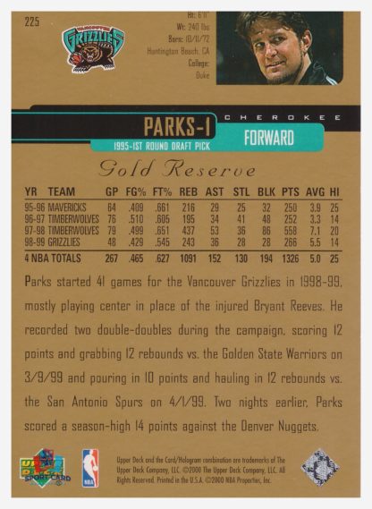 2000 Upper Deck Gold Reserve Cherokee Parks #225 – Image 2