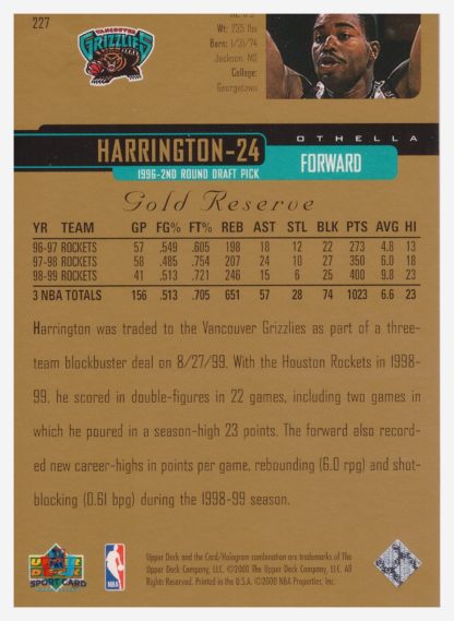 2000 Upper Deck Gold Reserve Othella Harrington #227 – Image 2