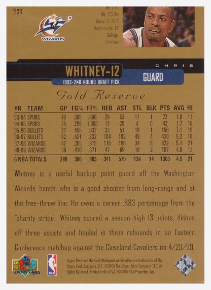 2000 Upper Deck Gold Reserve Chris Whitney #233 – Image 2