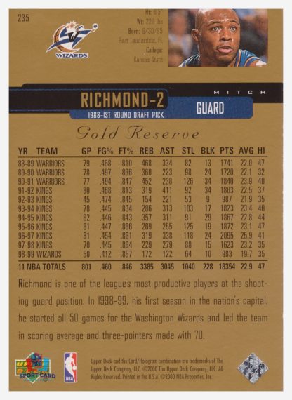 2000 Upper Deck Gold Reserve Mitch Richmond #235 – Image 2