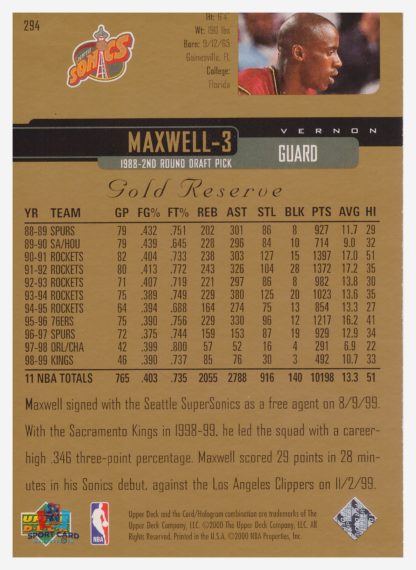 2000 Upper Deck Gold Reserve Vernon Maxwell #294 – Image 2