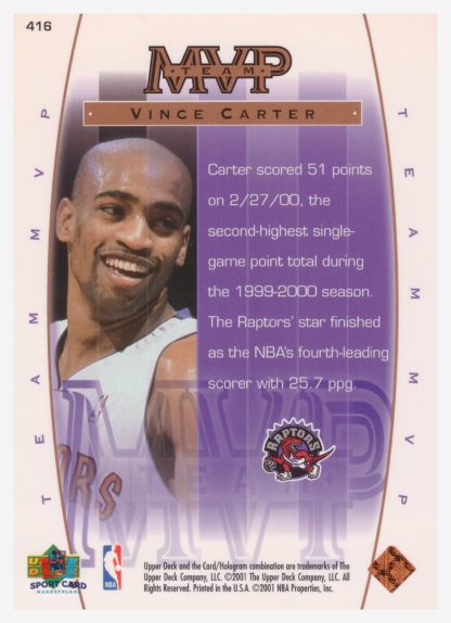 2001 Upper Deck MVP Team Vince Carter #416 – Image 2