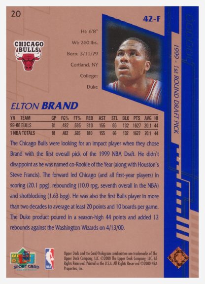2000 Upper Deck Base Elton Brand #20 – Image 2