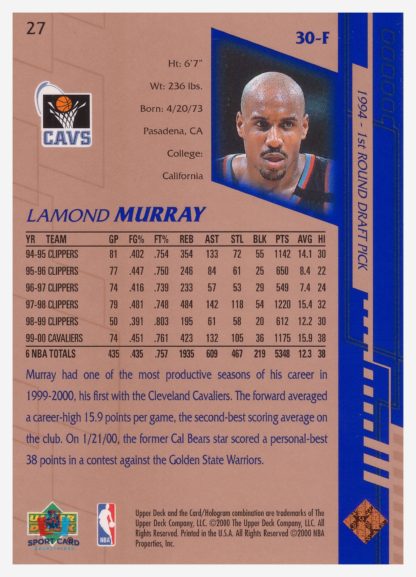 2000 Upper Deck Base Lamond Murray #27 – Image 2