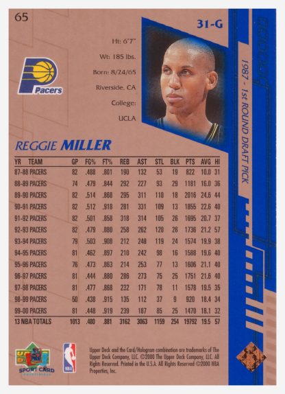 2000 Upper Deck Base Reggie Miller #65 – Image 2