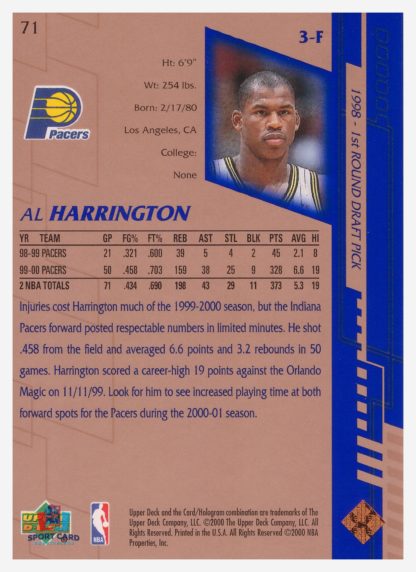2000 Upper Deck Base Al Harrington #71 – Image 2