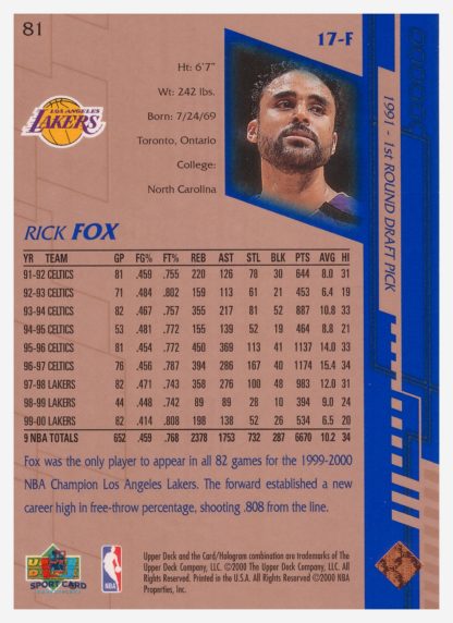 2000 Upper Deck Base Rick Fox #81 – Image 2