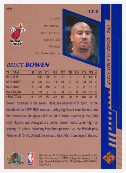 2000 Upper Deck Base Bruce Bowen #88 – Image 2